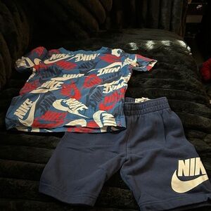 Nike Kids Red and Blue Graphic Tee with Navy Shorts